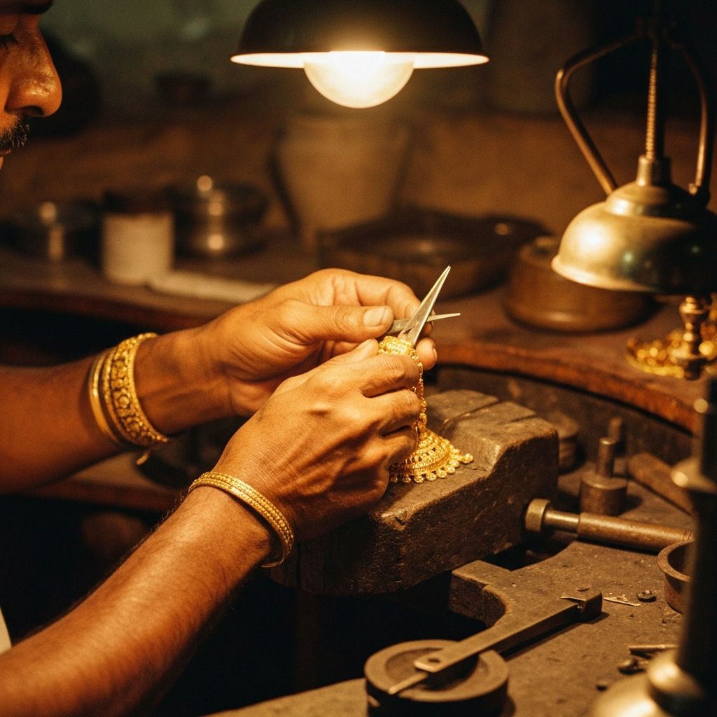 Master jeweler craftsman hands working on intricate gold jewelry piece with traditional tools, showcasing dedication and skilled artisanship
