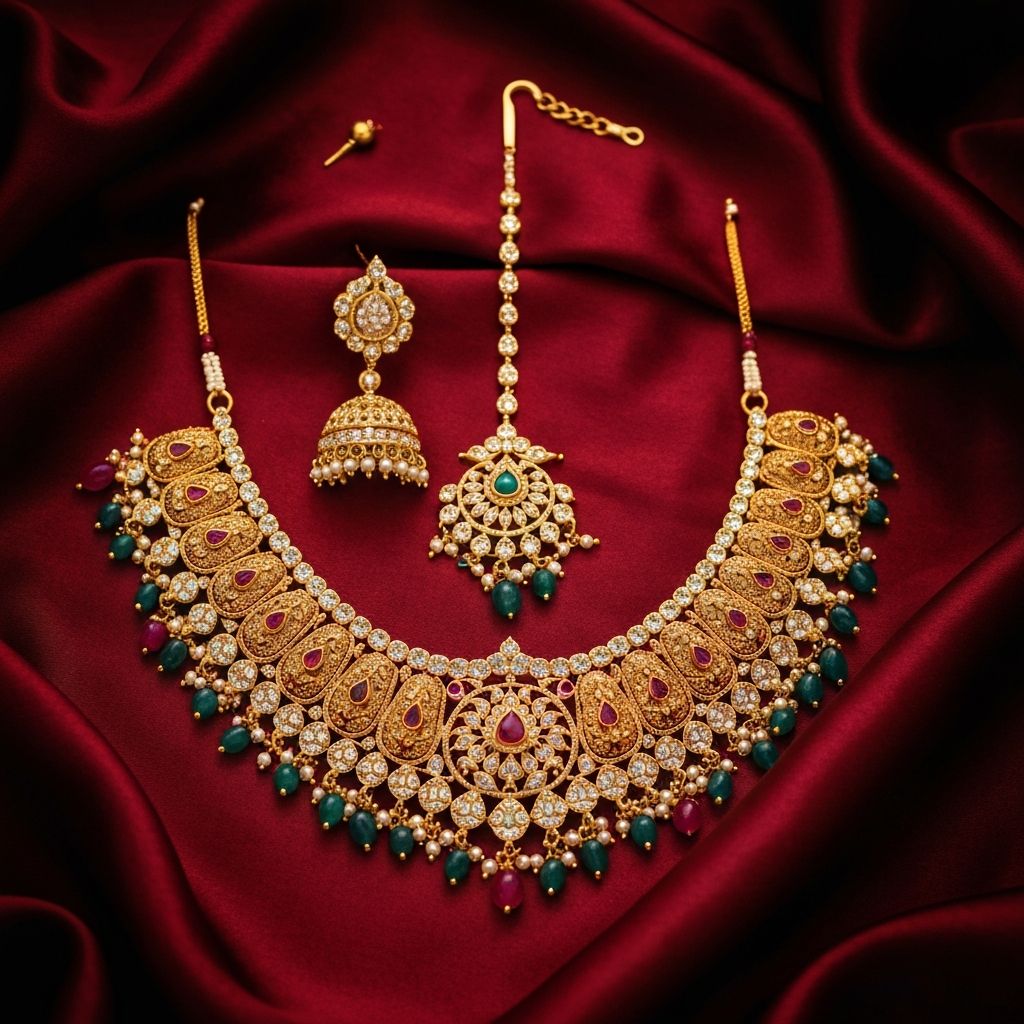 Indian bridal jewellery set with elaborate gold necklace, maang tikka, and jhumka earrings with red and green gemstones