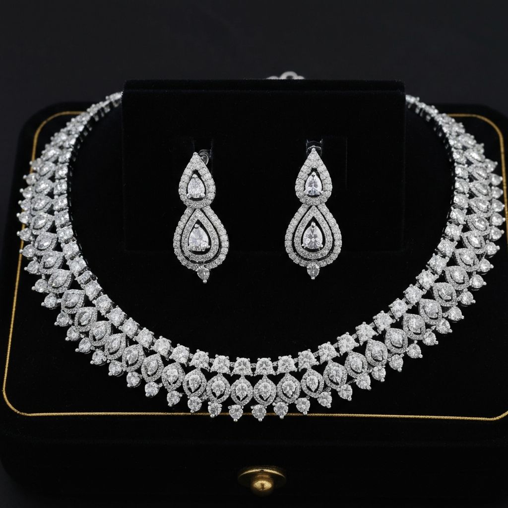 Elegant diamond and white gold necklace with matching earrings featuring brilliant cut diamonds