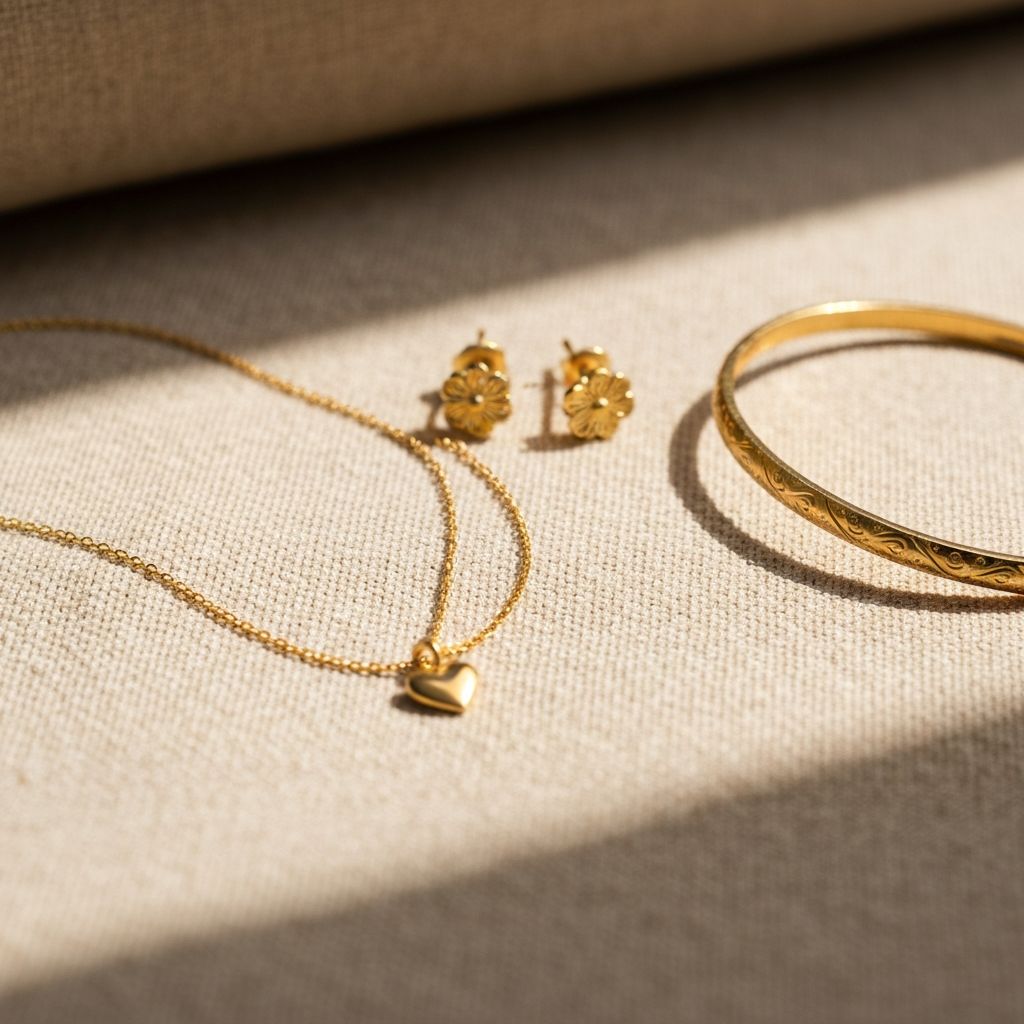 Delicate everyday gold jewelry including thin chain necklace, small stud earrings, and slim bangle bracelet