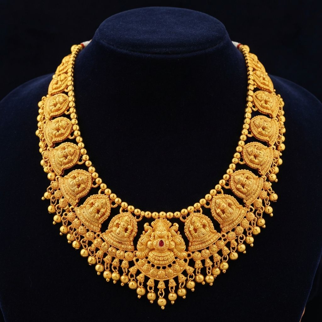 Pure gold traditional Indian temple jewellery necklace with intricate handcrafted goddess motifs