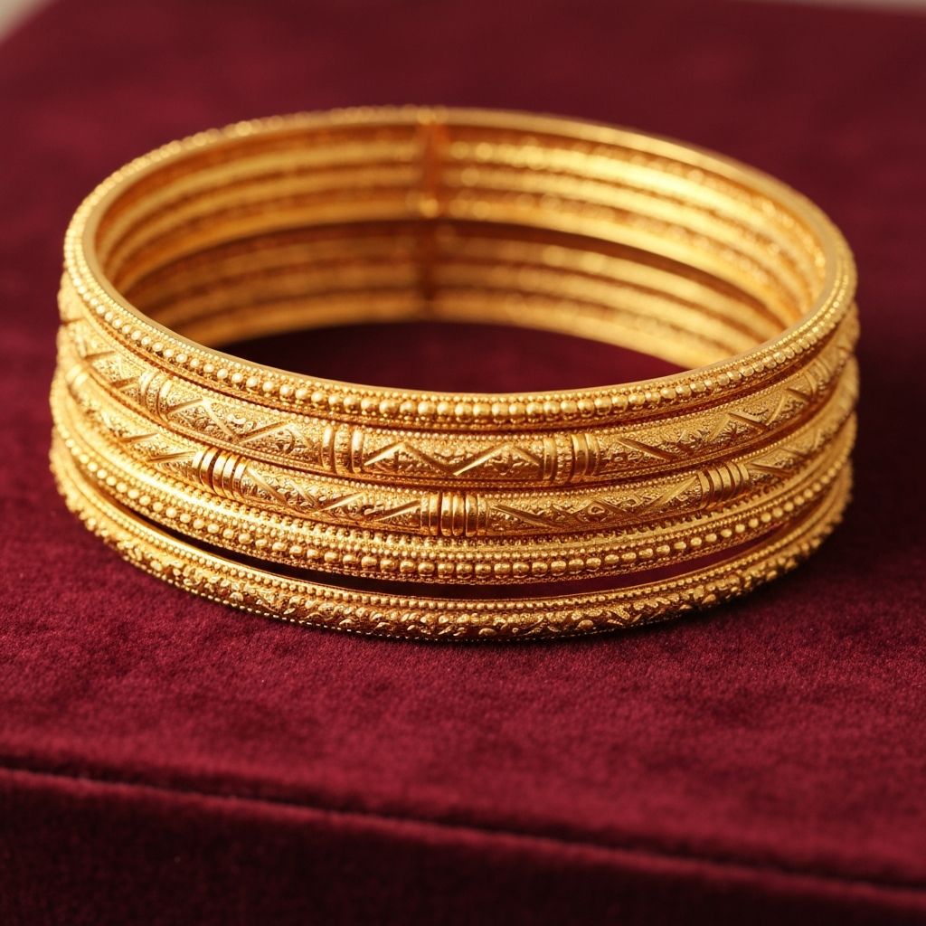 Set of traditional Indian gold bangles with intricate carved designs and patterns