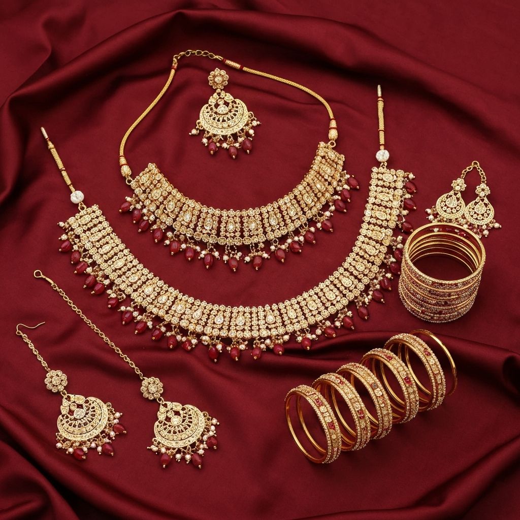 Complete Indian bridal jewelry set including choker necklace, long haar, maang tikka, and earrings