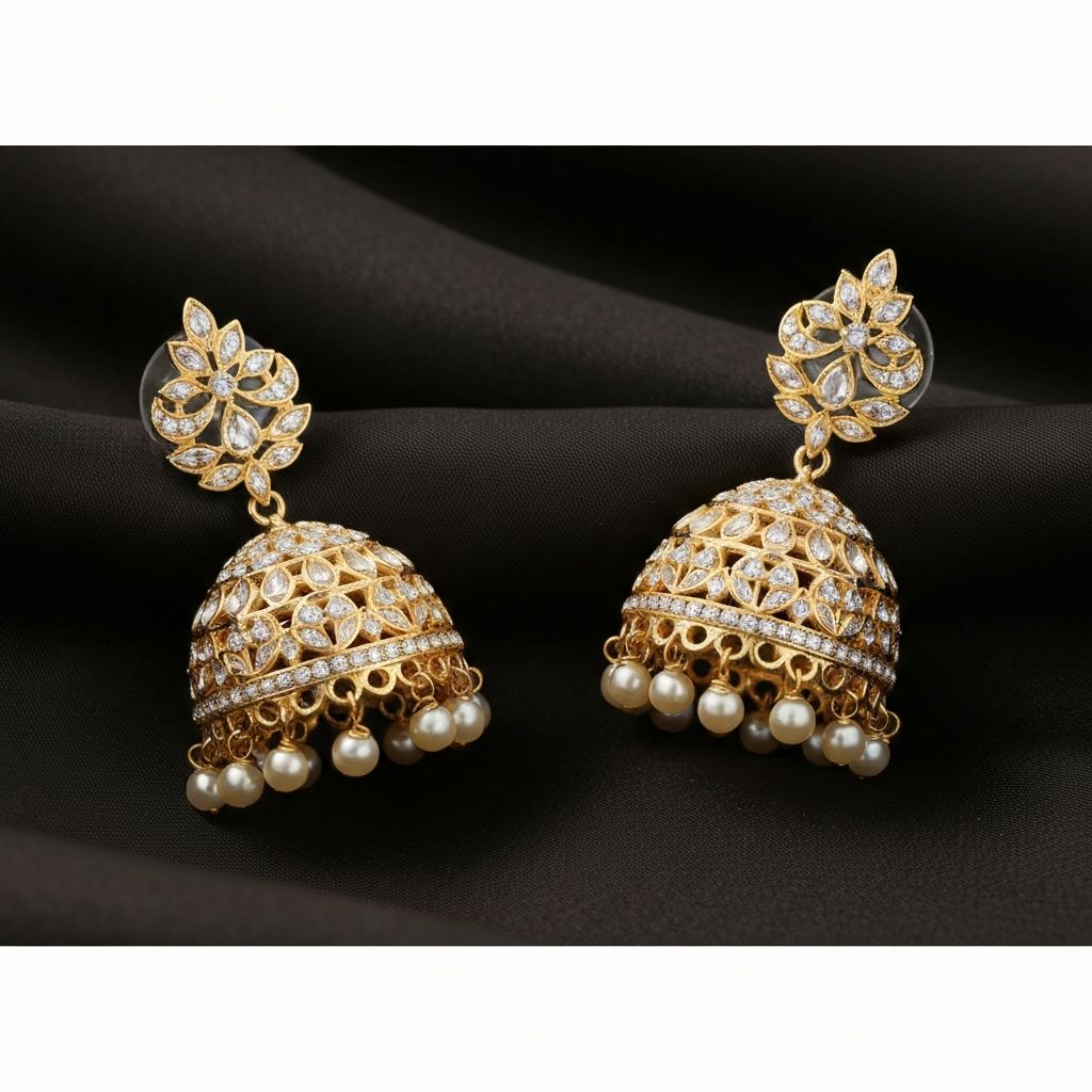 Elegant Indian jhumka earrings with diamonds and gold in traditional bell-shaped design