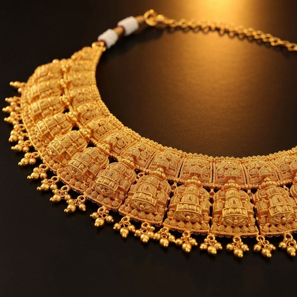 Ornate traditional Indian gold necklace with detailed filigree work and temple design
