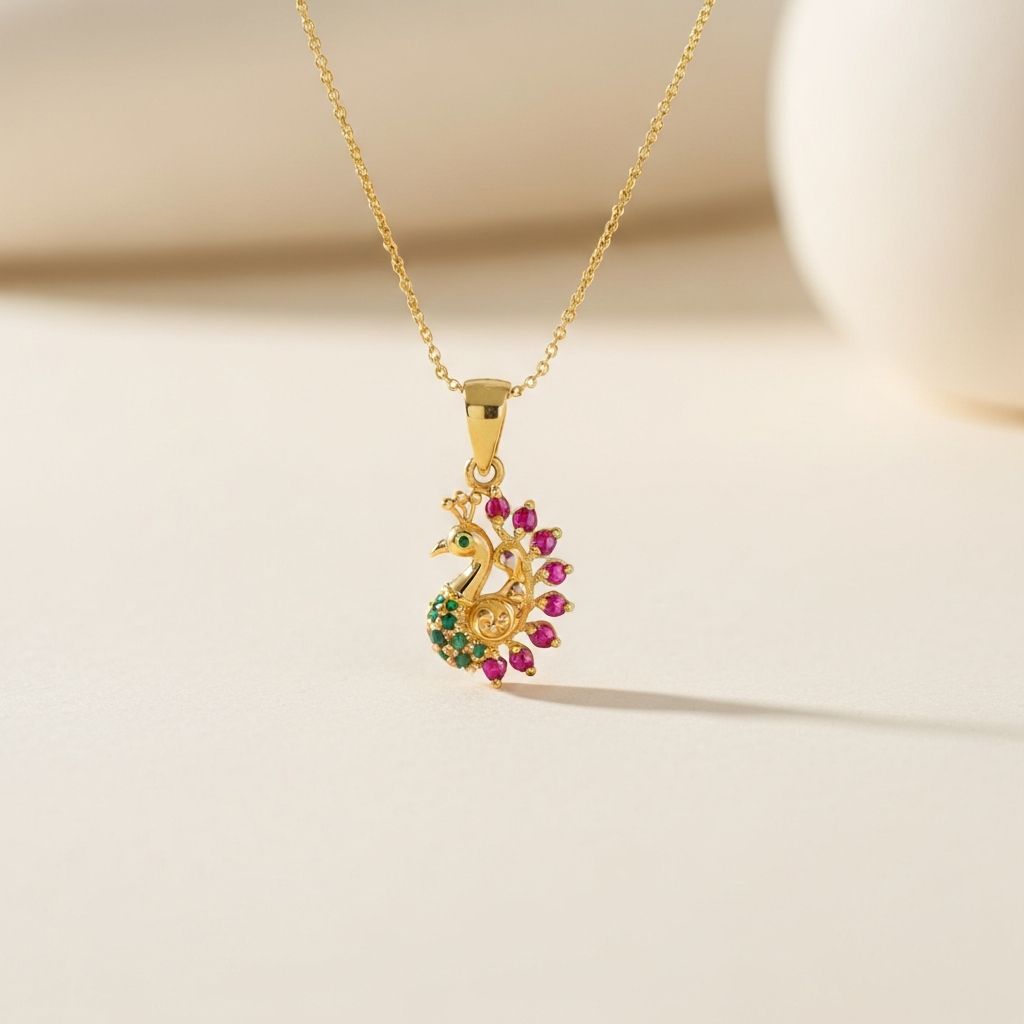 Delicate gold pendant necklace with traditional Indian peacock design studded with rubies and emeralds