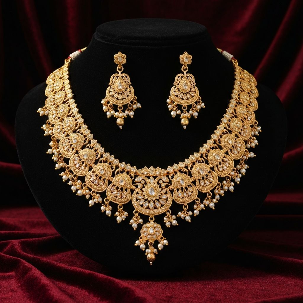 Exquisite Indian bridal gold jewellery set featuring ornate necklace with traditional meenakari and kundan work